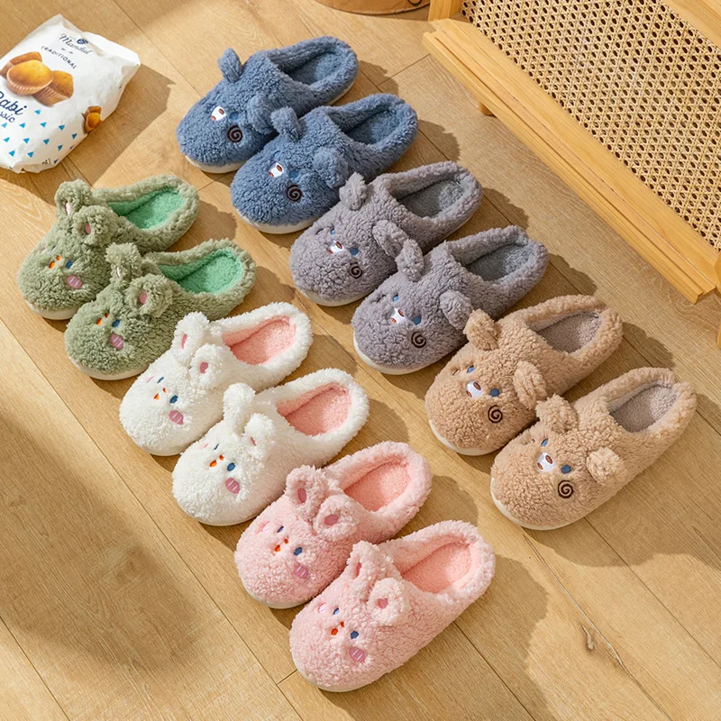 Cartoon Cute Bunny Slippers for Women Autumn and Winter Indoor Home Couple Slippers Warm Faux Fur Slippers Fluffy Cotton Shoes