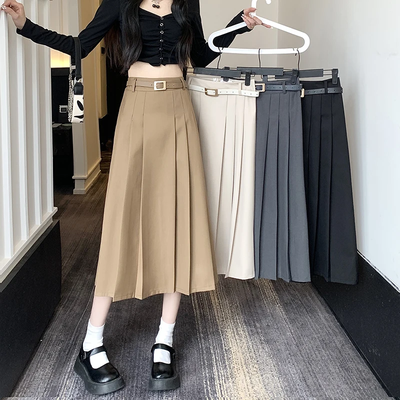 

Women's Spring High Waist Long Skirt Fashion with Belt A-Line Suit Midi Skirts Ladies Solid All-Match Pleated Skirts