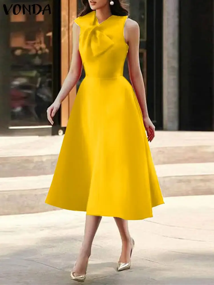 

Summer Sleeveless Sundress Women VONDA 2023 Fashion Elegant Party Satin Dress O-Neck Sexy Big Bow Solid Midi Pleated Robe Femme