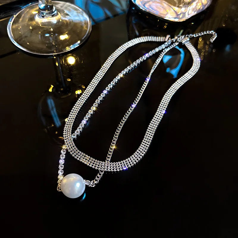 

New Titanium Steel Double-Layer Pearl Necklace Women's Design Choker Chain Simple Dignified Pendant Accessories