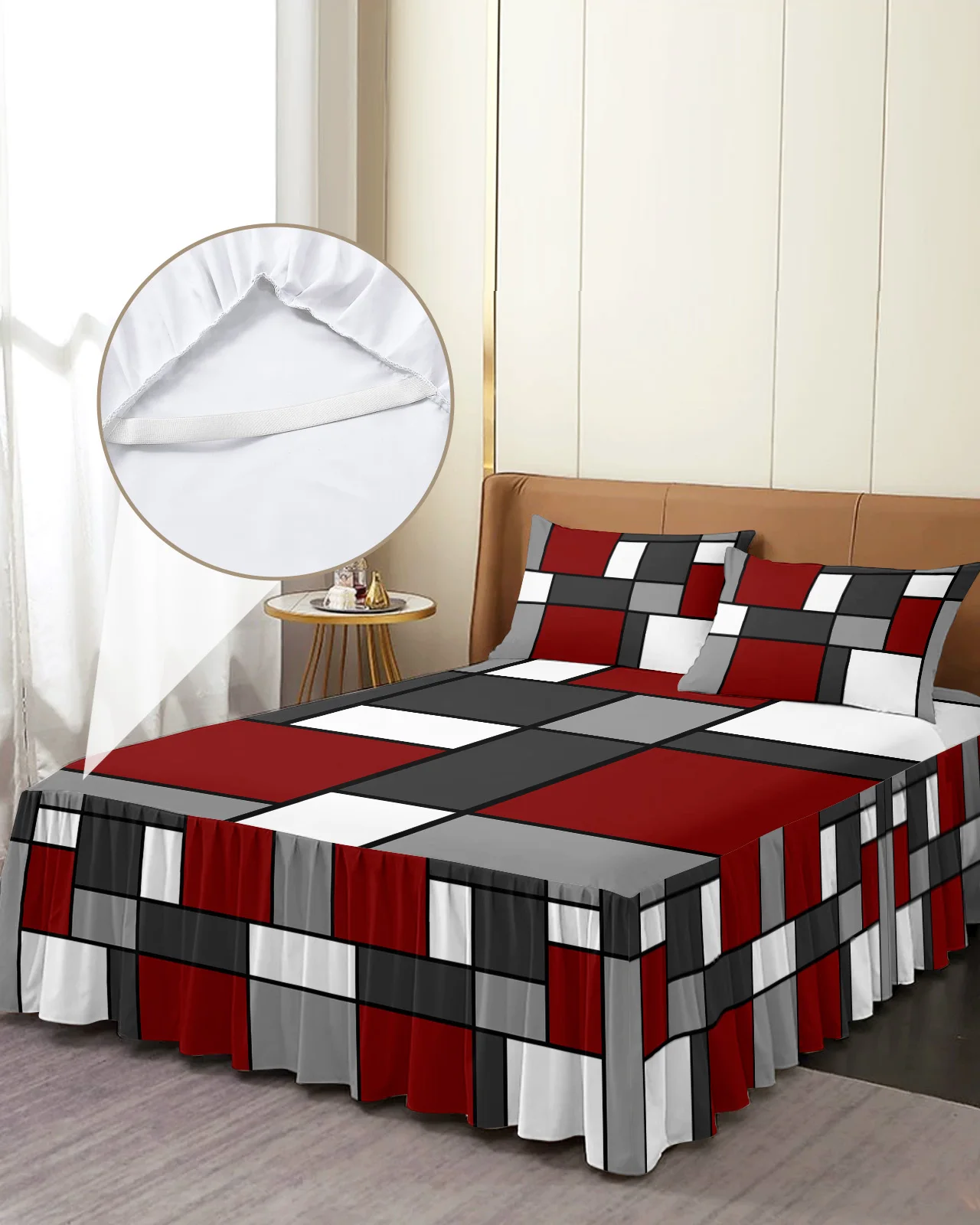 

Geometry Red Abstract Bed Skirt Elastic Fitted Bedspread With Pillowcases Bed Protector Mattress Cover Bedding Set Bed Sheet