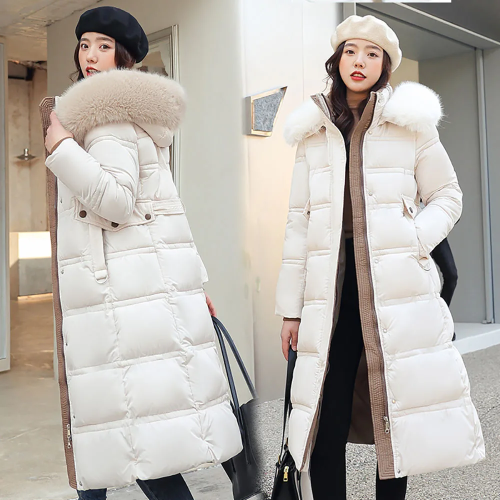 Lengthened Winter Down Coat for Women Solid Color Plush Hat Loose Women's Thermal Padded Jacket Casual Windproof Down Jacket enlarge