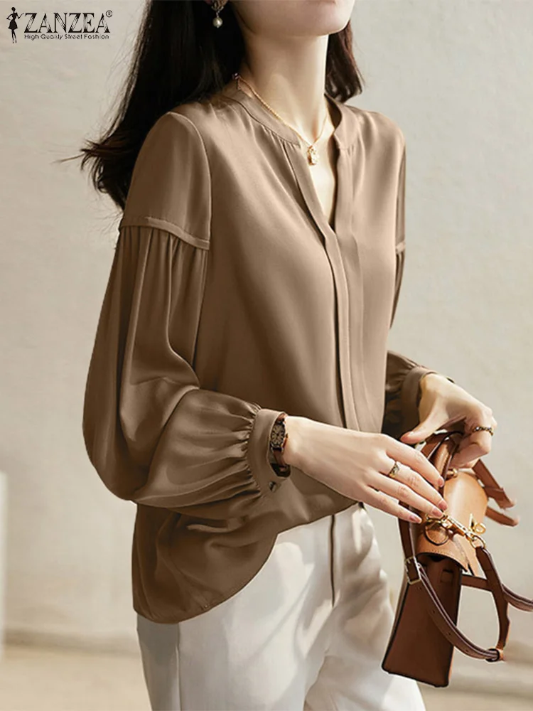 

ZANZEA Elegant Women Spring OL Shirt Fashion Solid Loose Office Work Blusas Female Casual Tops Tunic V Neck Long Sleeve Blouse