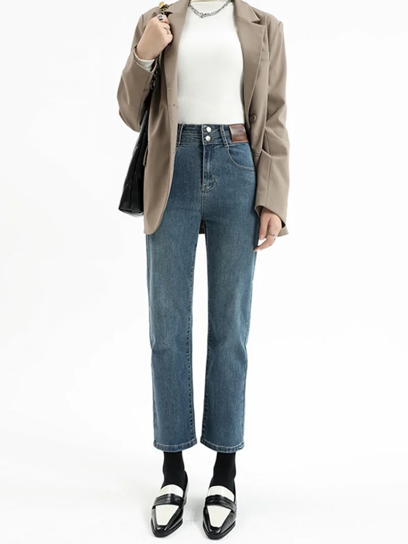 2023 Korean version of new high-waisted slim high-elastic cigarette pants Fleece-lined Jeans for Women  Trousers High Waist Jean