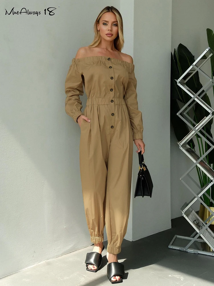 

Mnealways18 Slash Neck Khaki Ankle-Length Rompers Women Elastic Slim Jumpsuits Long Sleeve High Street Ladies One-Piece Button
