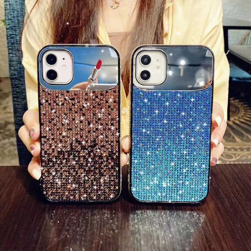 

For IPhone 14 Pro Max XS XR 13/12/11/7/8Plus Cases Gradient Makeup Mirror Diamond Phone Bling Glitter Rhinestone Cover Woman