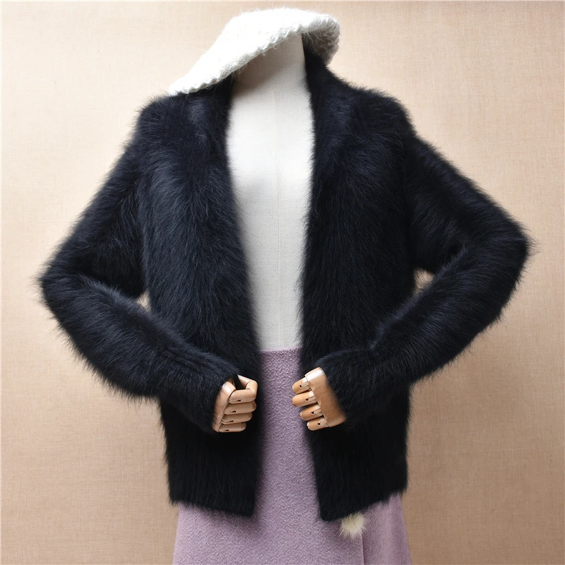

04 Ladies Women Fall Winter Clothing Hairy Mink Cashmere Knitted Long Sleeves Short Style Slim Cardigans Jacket Sweater Coat Top