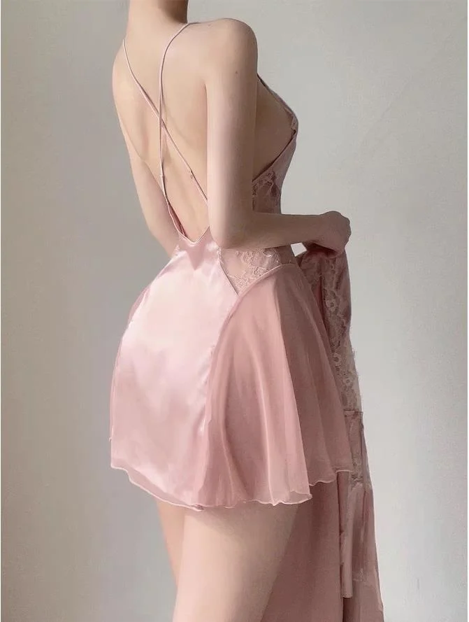 Lisacmvpnel Sexy Hollow Women Summer Nightdress Ice Silk Lace Nightgown With Breast Pad Pajamas Home Clothes