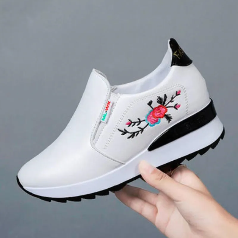 Women Height Increase Shoes Chunky Sneakers Fashion Female PU Leather Platform White Womens Shoes Embroidered Green Red Shoes images - 6