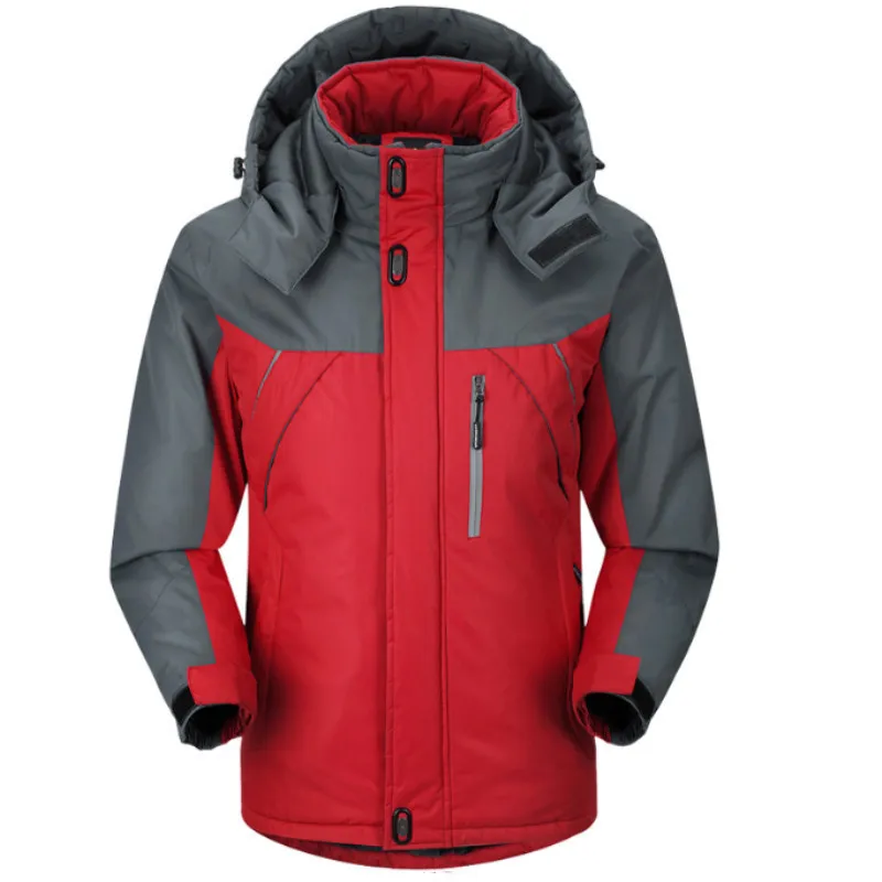 Men's Jacket Winter Thickened Warm Ski Waterproof Hooded Jacket Outdoor Camping Color Block Thick Zipper Windproof Parker Coat