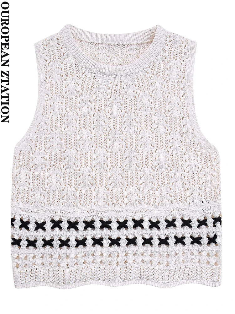 

PAILETE Women 2023 fashion pointelle knit crop vest sweater vintage o neck sleeveless female waistcoat chic tops