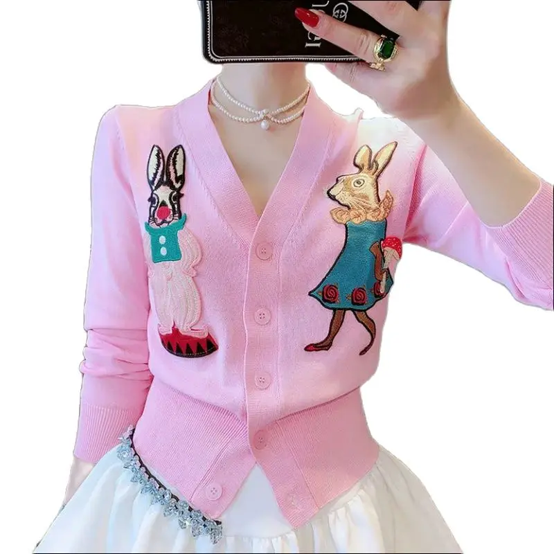 

Spring/summer 2022 New Long Sleeve V-neck High Quality Cartoon Embroidery Applique Rabbit Thin Loose Sweater Cardigan For Women