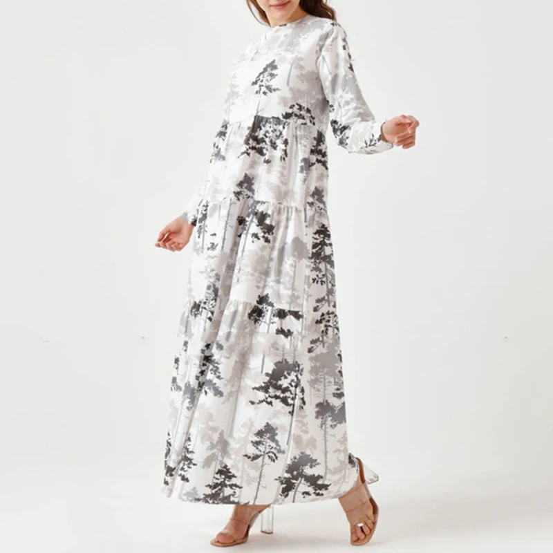 

Muslim Party Dresses Women Elegant 2022 Dubai Turkey Round Collar Bundle Long Sleeve Robe Exquisite Print Dress Femme Fashion