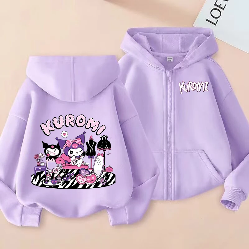 Kuromi Kids Zipper Coats Anime Sanrio Boys Girls Sweatshirts Fall Spring Children Thin Hooded Jackets Kawaii Outerwear Gift New