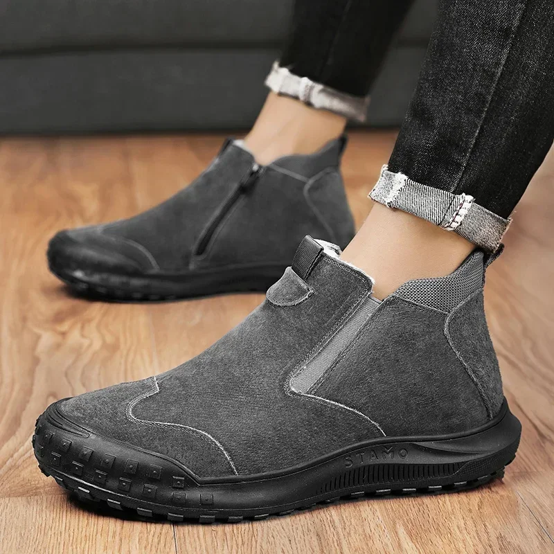 

Зимние короткие плюшевые ботинки для мужчин, сохраняющие тепло ботинки на молнии сбоку, Замшевые женские ботинки на платформе, уличные повседневные ботинки челси без шнуровки