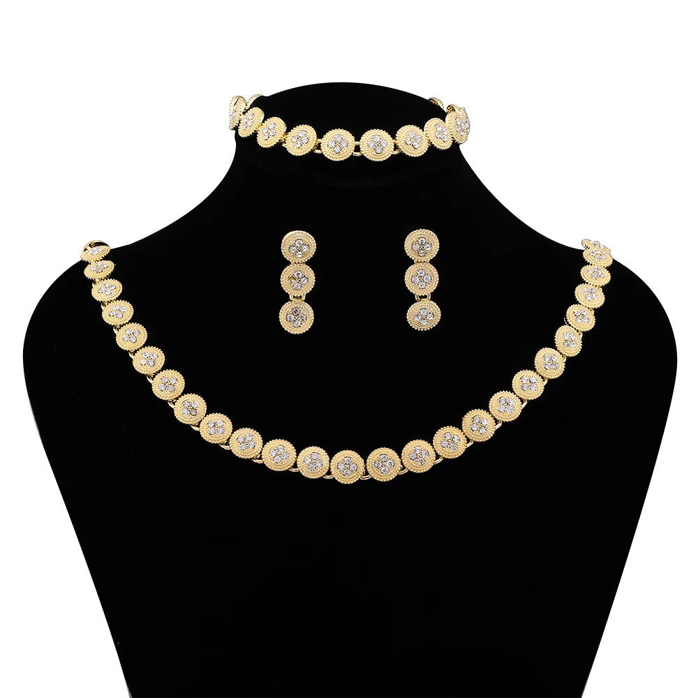 

Dubai Gold Color Round CZ Zircon Necklace Pendant Earring Bracelet Bangle Jewelry Set Africa Nigerian Women Wedding Party Gifts