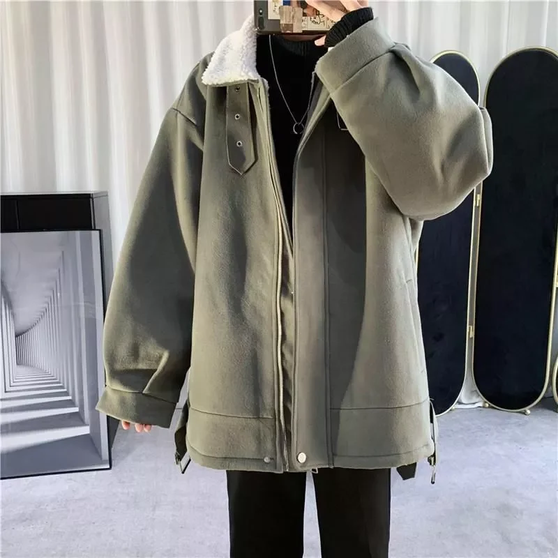 thick woolen padded Jacket Korean fashion loose techwear unisex tactical coat warm parkas woolen coat for men winter plush