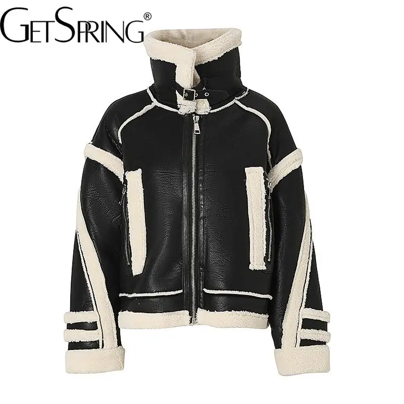

GetSpring Women Coat 2022 Winter Fleece Lamb Wool Suede Locomotive Clothing Fashion Loose Horn Buckle Cotton Padded Coats New