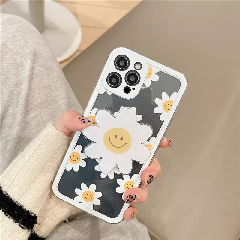 

New Fashion For iPhone 13 11 12 Pro Max XR XS Max X 7 8 Plus Soft TPU Clear Shockproof Cover Face Phone Case With Sunflower Hold