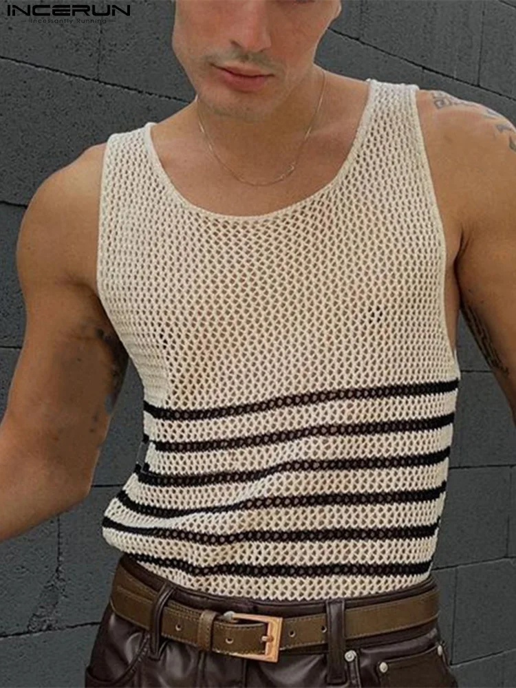 

Men Tank Tops O-neck Sleeveless 2022 Striped Mesh See Through Sexy Vests Breathable Streetwear Summer Men Clothing 5XL INCERUN 7