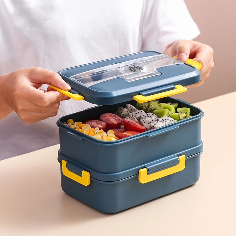 

Lunch Box 2 Layers Grids Student Office Worker Microwave Hermetic Bento Box Outdoor Picnic Fruit Food Container with Fork Spoon