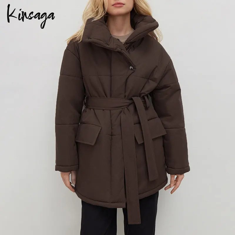 

Thick Warm Stand Collar Belted Parkas Winter Fall Brown Lace-up Casual Cotton Down Padded Coats Lady Classical Windproof Jacket
