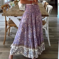 printing skirts elastic high waist long skirt 2021 summer new womens floral pleated a line boho skirts chic mujer maxi skirts