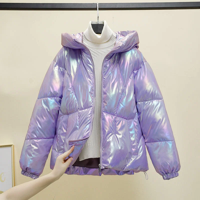 

Colorful Glossy Down Cotton Jacket Women Winter Jackets 2022 New Loose Short Hooded Cotton Padded Warm Overcoat Parker Female