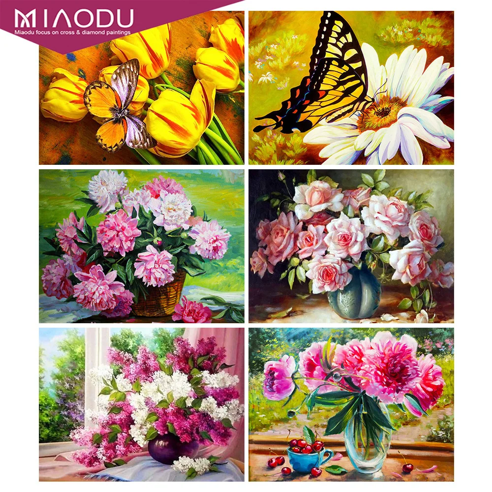 

Miaodu Full Drill Round Diamond Embroidery Flower Cross Stitch Diamond Painting Peony Rhinestones Pictures Handicrafts Gift