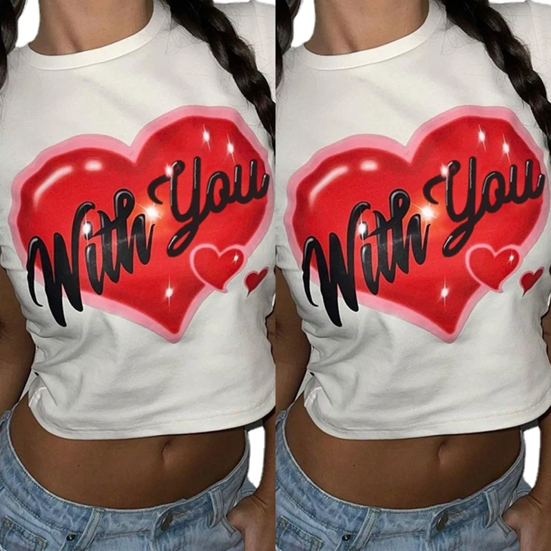 

Кроп-Топ женский с коротким рукавом, круглым вырезом и принтом