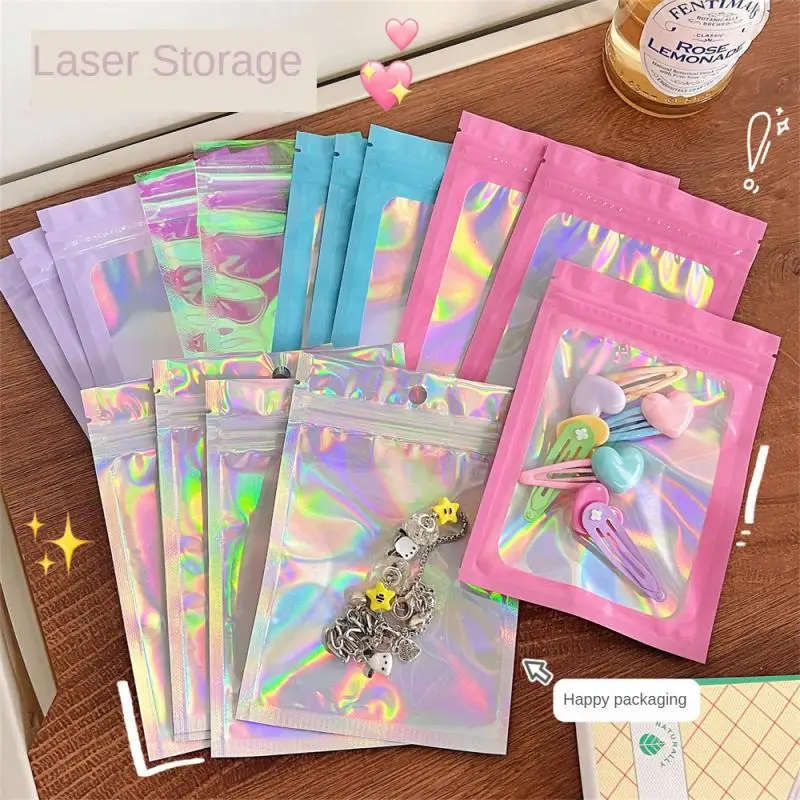 

10pcs Smell Proof Mylar Bags Holographic Laser Color Plastic Packaging Pouch Jewelry Retail Storage Pouch Gift Zip Lock Bag