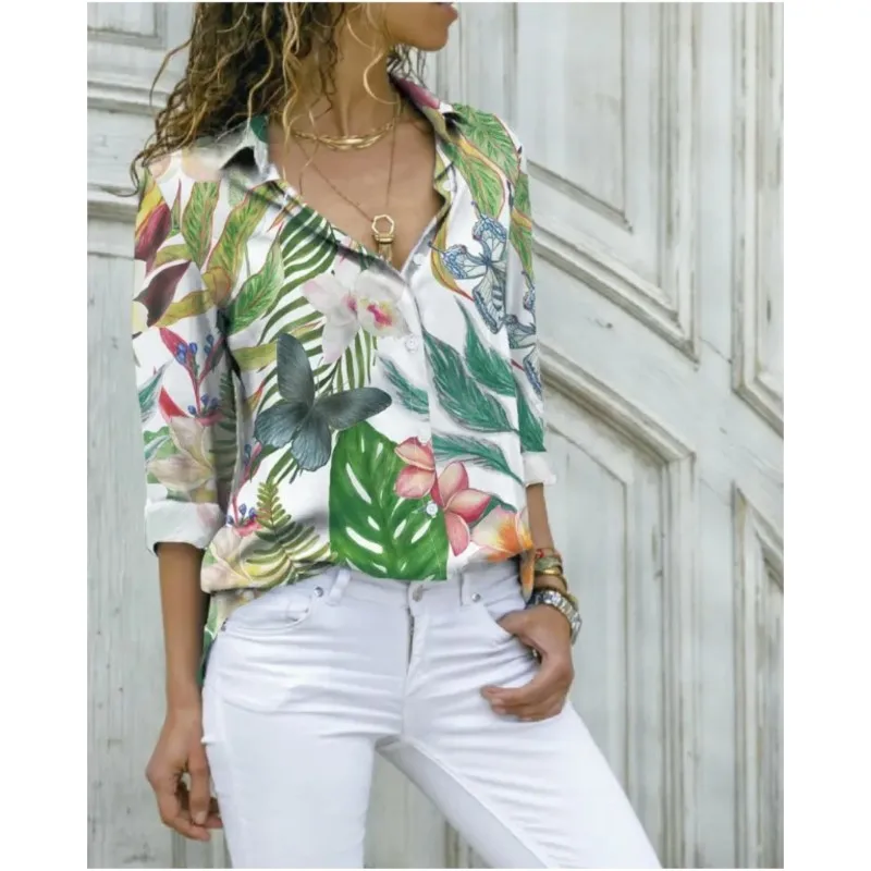 Новая женская рубашка с длинными рукавами и цветочным принтом на пуговицах