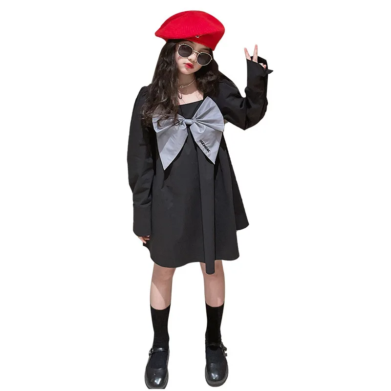 

New Girls Dress Spring Autumn Fashion Cotton Backless Skirt Kids Clothes for Teens Reflective Big Bow Princess Korean Tops 4-14Y