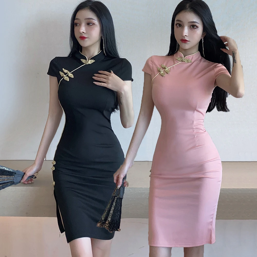 

Chinese Style Cheongsam Black Pink Retro Qipao Sexy Lady Women Fashion Nightclub Bodycon Party Vintage Evening Dress Vestidos