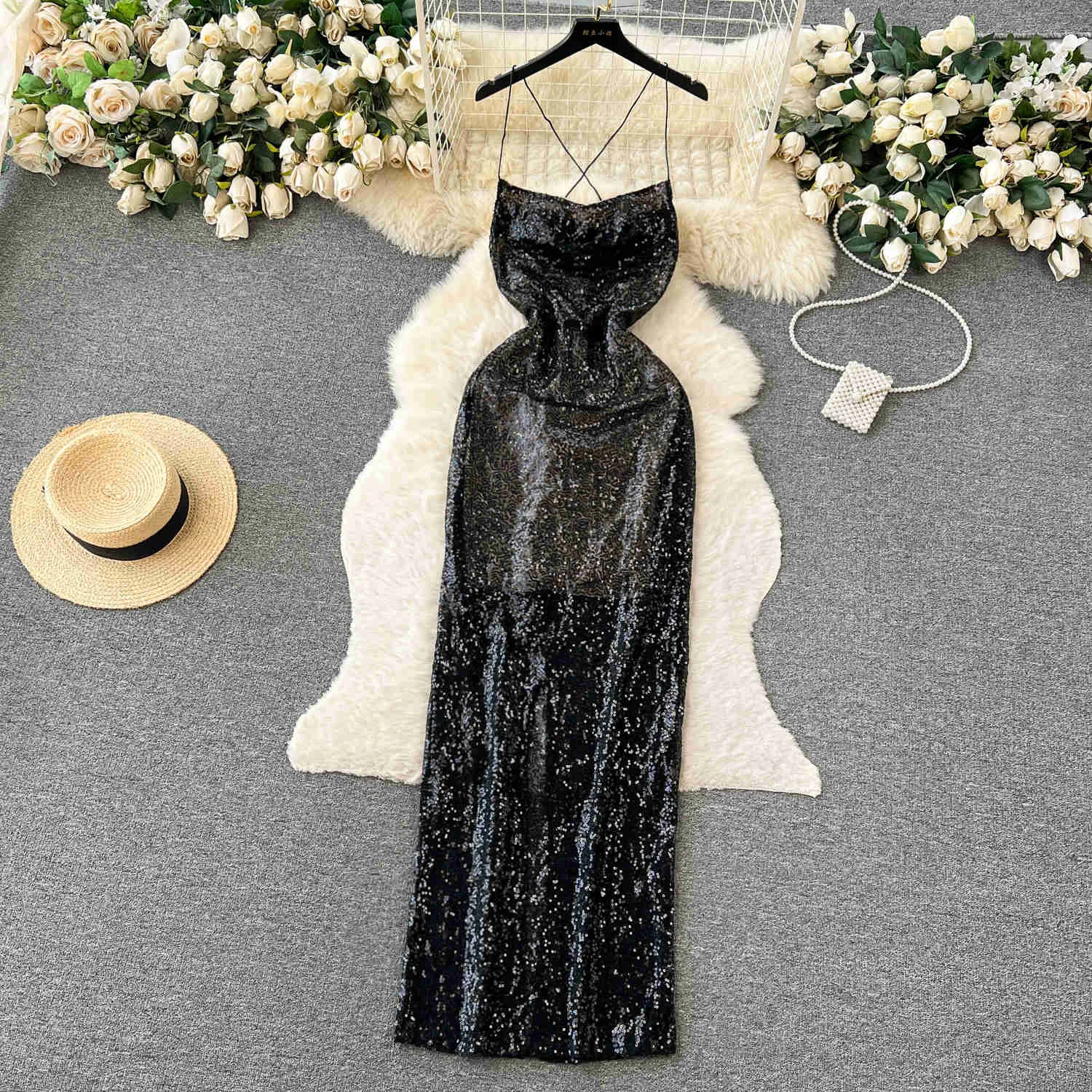 

New Sexy Spaghetti Strap Sequin Sparkling Evening Party Maxi Dress Women Elegant Sleeveless Open Back Lace Up Luxury Night Dress