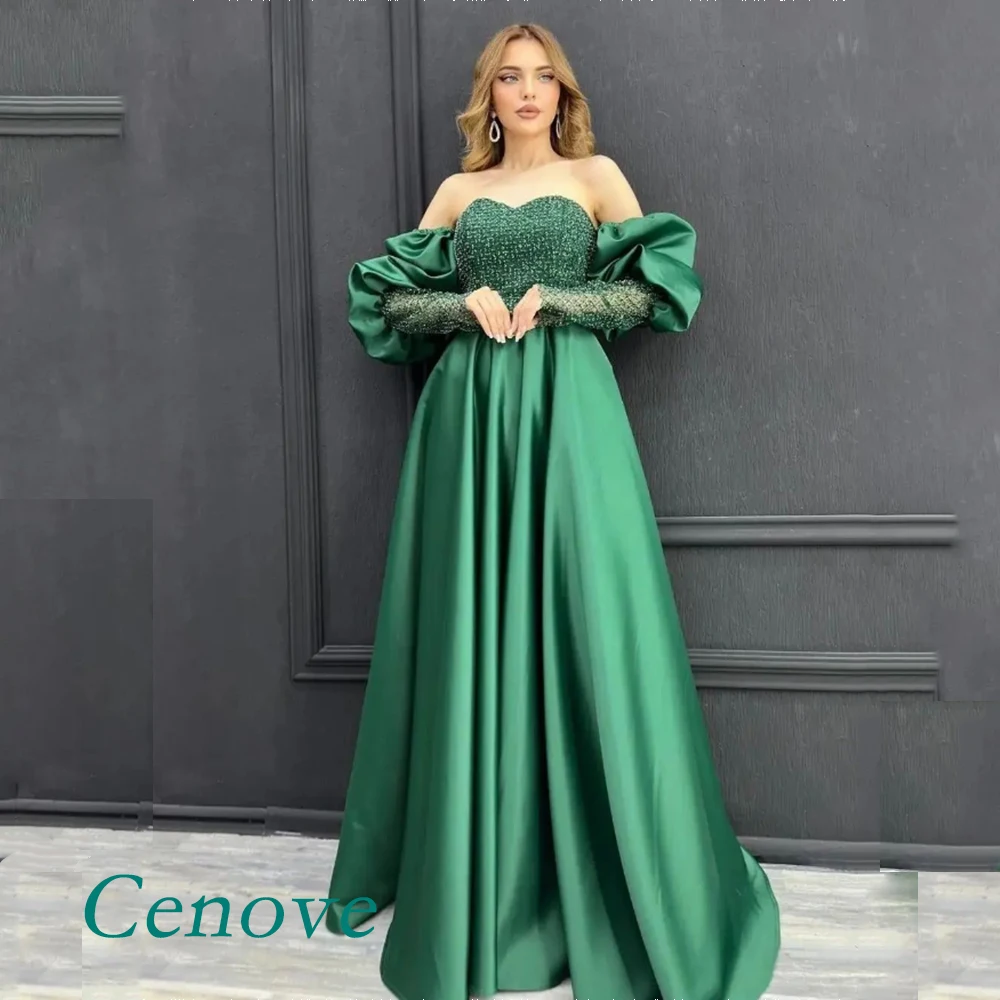 

Cenove Green A-Line Evening Dress Strapless Long Sleeves Prom Dress Lace Sequins Elegant Party Dress For Women 2023