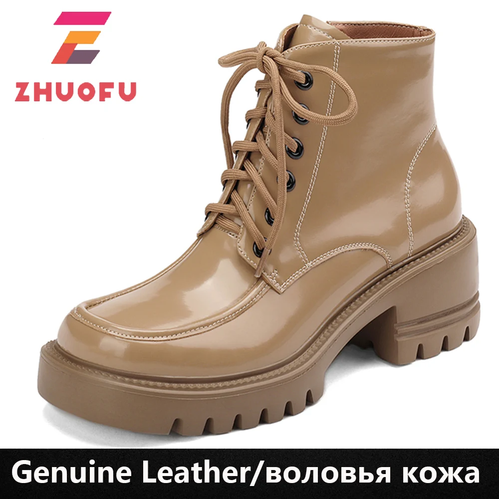 

Женские ботильоны из натуральной кожи ZHUOFU, полусапожки с квадратным носком, на платформе, на толстом высоком каблуке, на молнии, со шнуровкой, зимняя обувь