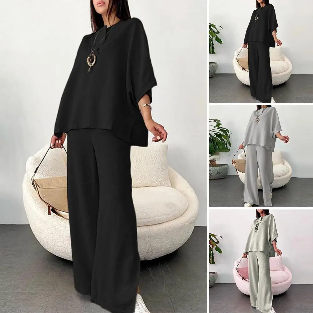 

Women Outfit Vintage Wide Leg Trousers Set Soft Breathable Elastic Waist Lady T-shirt with Three Quarter Sleeves Split Hem Split