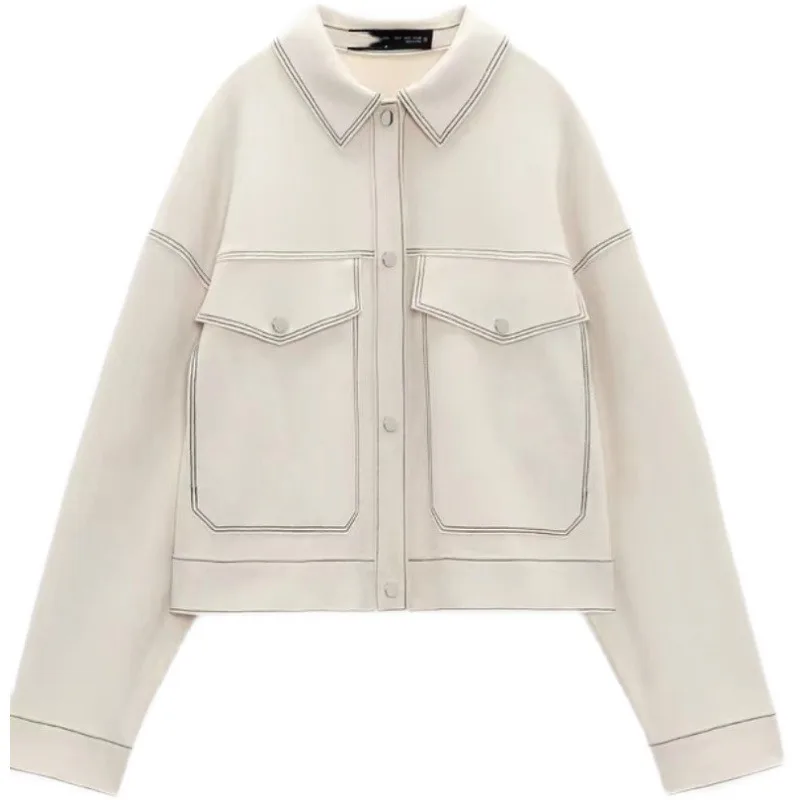 

Women 2023 Spring Fashion Contrast Stitching Suede Women Jacket Coat Vintage Female Outerwear Chic Overshirt Casual