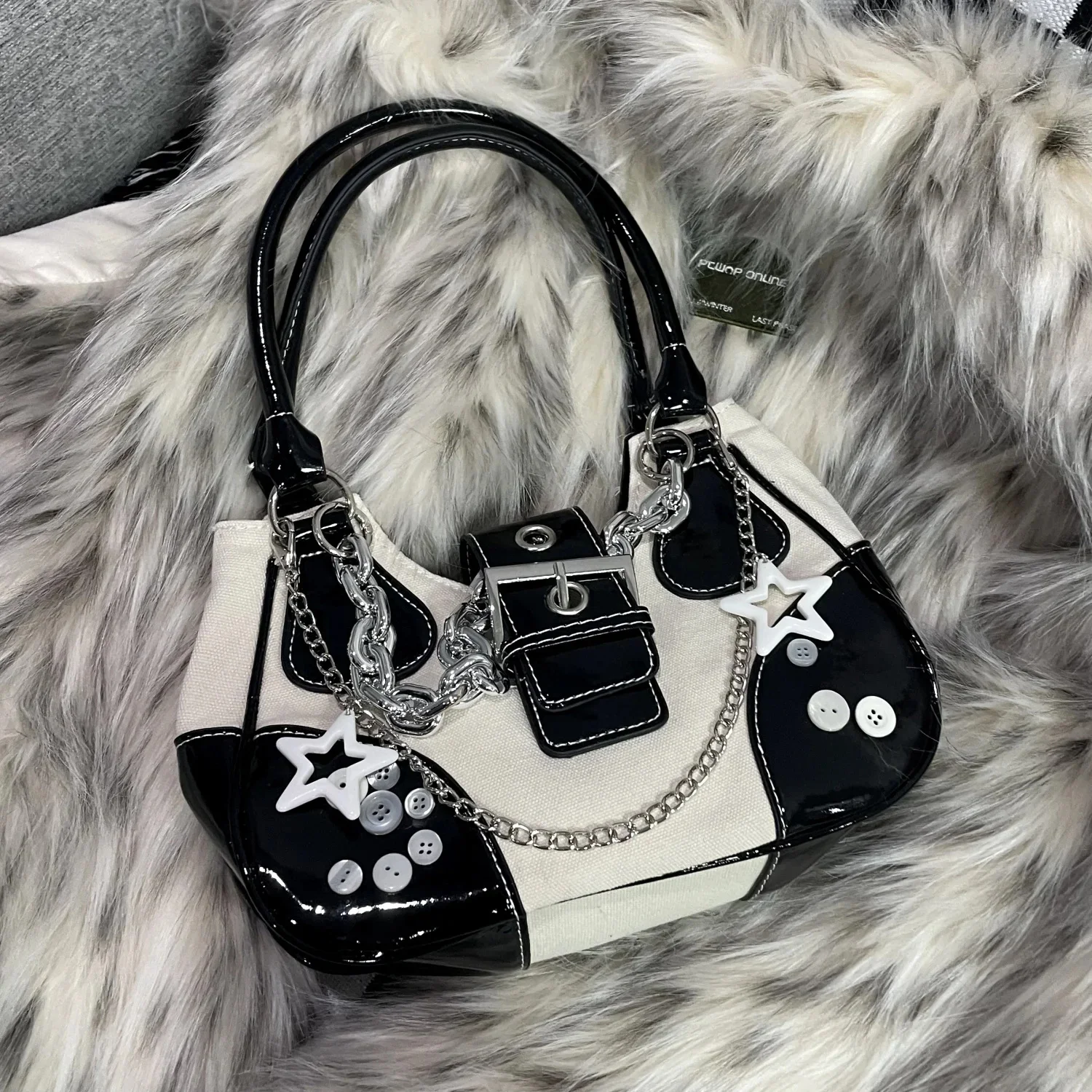 

Patent Leather Canvas Women Tote Shoulder Bag Retro Y2k Cool Girls Chain Purse Handbags Fashion Stars Female Underarm Bags