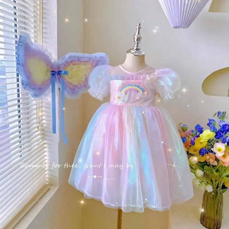 

Baby Girls Summer Dress Kids Clothing Winged Rainbow Lace Voile Mesh Princess Dress 3-12 Years Children Birthday Party Dresses