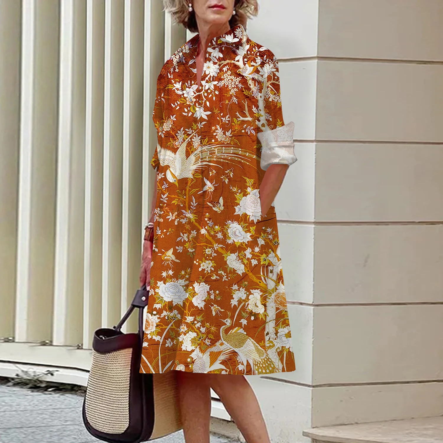 

Женское платье-рубашка с цветочным принтом, разноцветное платье-трапеция в стиле ретро с длинным рукавом и воротником с лацканами, весна-лето 2023