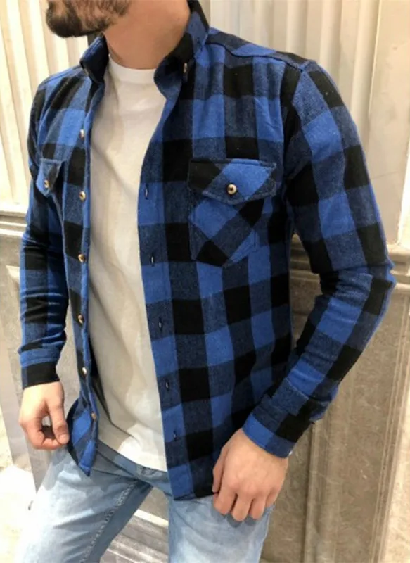 

2022 Men's pocket flannel plaid cotton shirt long-sleeved checkered casual slim black warm autumn and winter shirt new