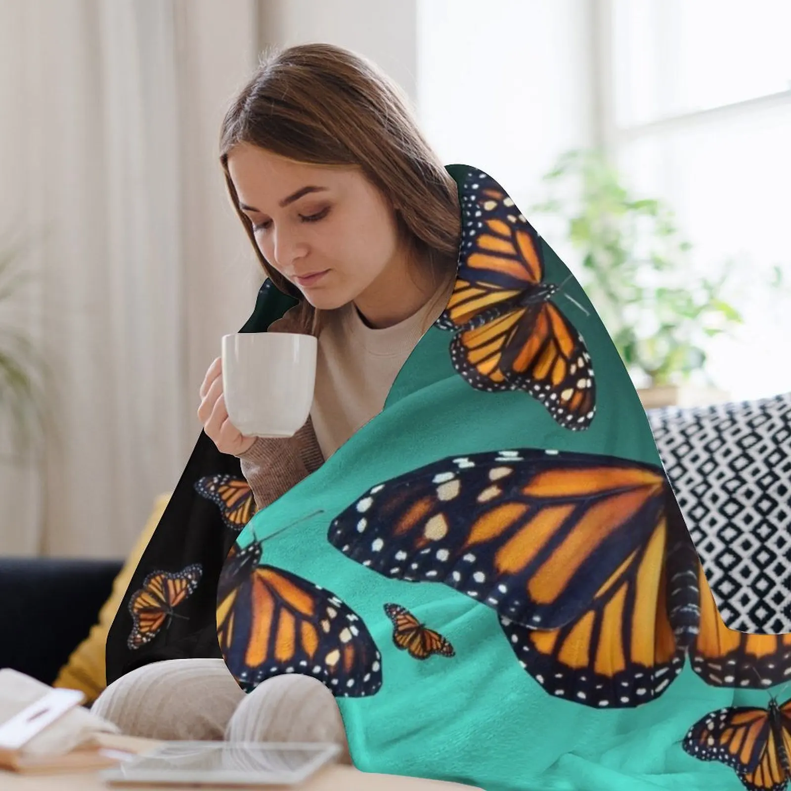 Новое синее и оранжевое одеяло с рисунком бабочки монарха для дивана тонкий