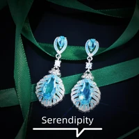 foydjew luxury feather earrings water drop simulation aquamarine sea blue topaz pendant earring womens wedding ear jewelry