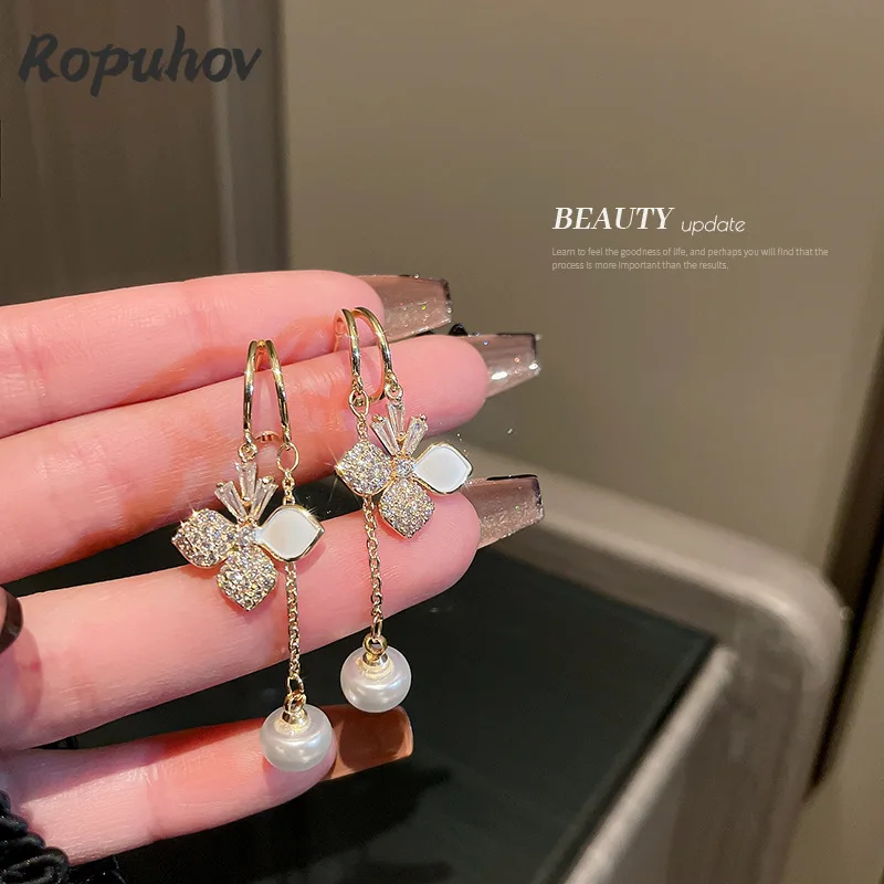

Ropuhov 2022 New Woman Silver Needle Zircon Pearl Long Fashion Flower Tassel Temperament Luxury Earrings