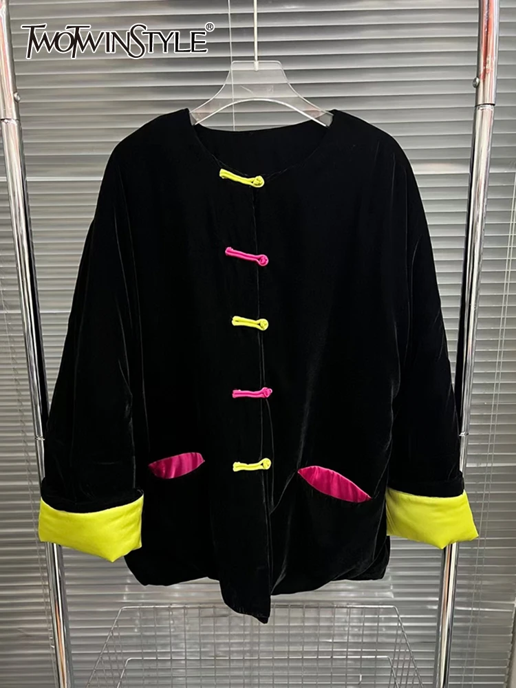 

TWOTWINSTYLE Colorblock Casual Loose Coats For Women Round Neck Long Sleeve Spliced Single Breasted Chic Coat Female Fashion New