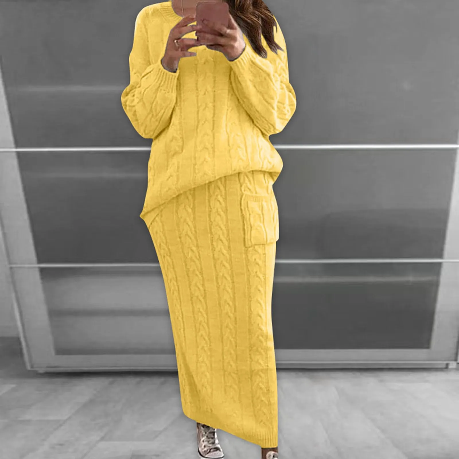 Women's Cable Knit Sweater Set In Moth Fabric Warm And Cozy For Autumn Winter A Line Two Piece Skirt Sets