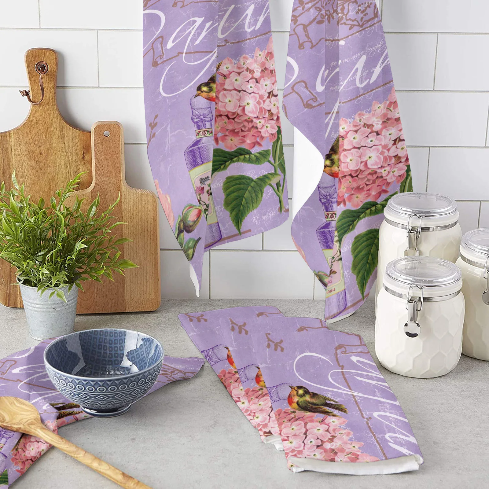 

Vintage Rose Flower Bird Purple Kitchen Towel Microfiber Dish Towel Tea Towel Soft Household Super Absorbent Cleaning Cloth