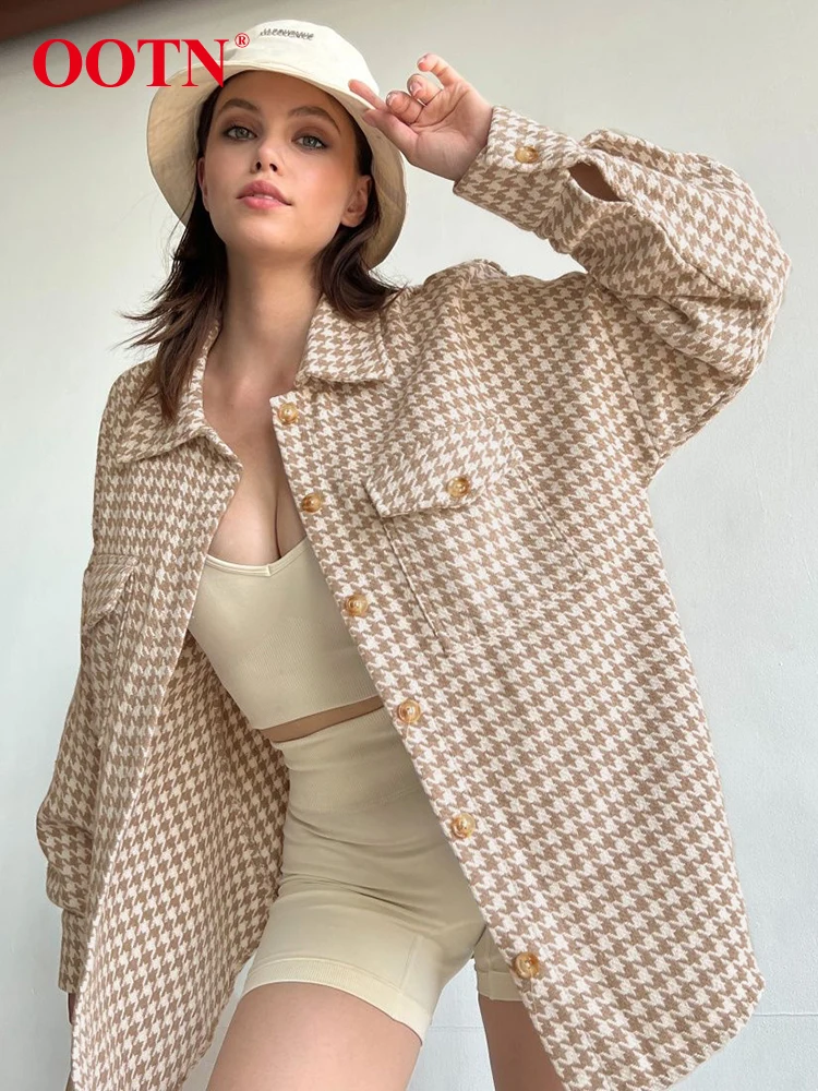 

OOTN Vintage Turn Down Collar Plaid Shirts Autumn Streetwear Loose Woman Blouse Long Sleeve Casual Top Women Pocket 2022 Fashion